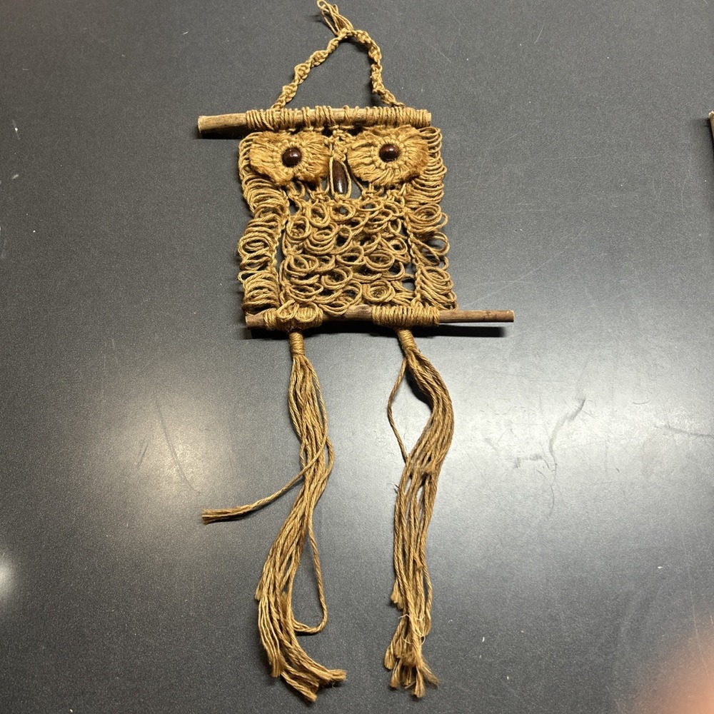 Vintage 70's MCM Owl Macrame Jute Wall Hanging Boho Bead Folk Art Decor Handmade